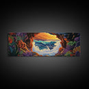Ocean Cave View, Sunset Waves, Coastal Decor, Tropical Art, Framed Canvas Print, Beach House Wall Art, Vibrant Seascape, Boho Style