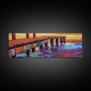 Vibrant Dock Sunset, Painted Pier, Ocean Reflections, Warm Horizon, Framed Canvas Print, Beach House Wall Art, Nautical Scene