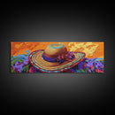Sun Hat Painting, Floral Accent, Bold Texture, Summer Vibes, Framed Canvas Print, Boho Wall Art, Bedroom or Dressing Room Decor