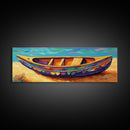 Colorful Canoe Art, Vibrant Coastal Boat, Tropical Beach Vibes, Canvas Print, Boho Beach Decor, Nautical Wall Art, Bathroom Art
