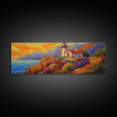 Lighthouse View, Ocean Sunset, Seaside House, Framed Canvas Print, Beach Coastal Decor, Nautical Living Room Art, Bold Color Art