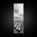 Beach Towel View, Ocean Breeze, Seaside Calm, Striped Blanket, Relaxation Mood, Framed Canvas Print, Bathroom Wall Art, Minimalist Coastal Art