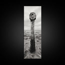 Driftwood Totem, Coastal Pillar, Ocean Beach Monochrome, Framed Canvas Print, Rustic Wall Art, Boho Bedroom Decor, Nature Photography