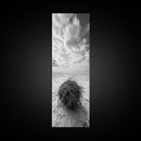 Beach Tumbleweed, Windy Dune, Coastal Drift, Seaside Simplicity, Monochrome Shoreline Framed Canvas Print, Bathroom Beach Wall Decor