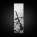 War Relic, AK Rifle, Surreal Beach Scene, Framed Canvas Print, Bold Statement Art, Bachelor Pad or Office Decor, Rustic Industrial Style