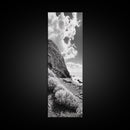 Coastal Shrubs, Rocky Beach, Sunlit Cliffside, Framed Canvas Print, Kitchen Wall Art, Black and White Nature, Scandinavian Home Style