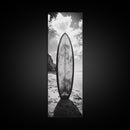 Surfboard Vertical, Sandy Beach, Coastal Rocks, Ocean Horizon, Framed Canvas Print, Surf Art, Dorm Room Decor, Tropical Vibe
