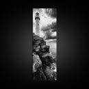 Lighthouse Coast, Stormy Sky, Black White Ocean, Framed Canvas Print, Nautical Wall Art, Rustic Beach House Living Room Decor
