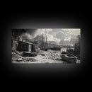 Old Fishing Harbor, Weathered Boats, Coastal Village Scene, Canvas Print, Nautical Kitchen Wall Art, Maritime Black and White Decor
