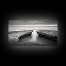 Ocean Rock Split, Calm Seascape Horizon, Monochrome Photography, Canvas Print, Bathroom Wall Art, Zen Coastal Aesthetic, Office Wall Art