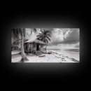 Tropical Hut, Palm Tree Scene, Island Escape Photo, Framed Canvas Print, Beach House Wall Art, Rustic Boho Coastal Decor, Nature Scene
