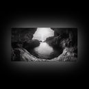 Ocean Cave Sunset, Seascape Art, Black and White Photography, Coastal Decor, Minimalist Style, Canvas Print, Bathroom Wall Art