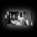Porch Shadows Light, Rustic Patio, Black and White Decor, Farmhouse Entryway, Framed Canvas Print, Country Kitchen Wall Art, Bedroom Wall Art