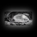 Frozen Ice Cave, Arctic Nature Art, Black and White Winter, Canvas Print, Holiday Wall Art, Nordic Cabin Decor, Winter Aesthetic