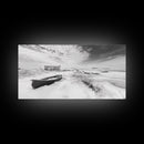 Snowy Coastal Boat, Rustic Winter Landscape, Farmhouse Wall Art, Neutral Tones, Canvas Print, Entryway or Fall Seasonal Decor