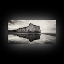 Cliff Reflection, Coastal Monolith, Seashore Beauty, Sunset Vibes, Framed Canvas Print, Living Room Art, Minimalist Beach Scene