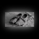 Moccasins in Sand, Rustic Footwear Art, Cultural Detail Photo, Framed Canvas Print, Boho Entryway Wall Decor, Western Minimalist