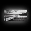 Marsh Dock Scene, Tranquil Water Landscape, Rustic Pier Canvas Print, Black and White Nature, Entryway Art, Coastal Country Home Decor