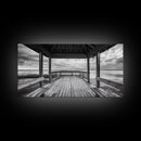 Gazebo By Water, Serene Lake View, Rustic Deck Canvas Print, Minimalist Landscape Wall Art, Neutral Bedroom, Tranquil Home Decor
