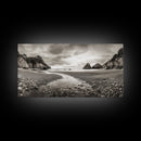 Coastal Pebble Beach, Pacific Shoreline, Serene Nature Landscape, Framed Canvas Print, Neutral Bedroom or Fall Living Room Wall Art