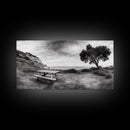 Picnic Table View, Coastal Meadow Scene, Tree and Cliff Horizon, Framed Canvas Print, Relaxing Kitchen or Outdoor Patio Wall Art