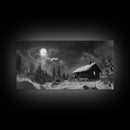 Snowy Cabin, Winter Night, Starry Sky, Cozy Mountain Scene, Framed Canvas Print, rustic lodge decor, Christmas art, bedroom wall print
