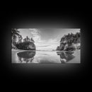 Sea Stacks, Calm Waters, Coastal Trees, Tranquil Morning, Framed Canvas Print, coastal wall art, nature inspired, entryway decor
