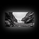 Rocky Cove, Ocean Gap, Cliffside Path, Secluded Coast, Framed Canvas Print, adventure wall art, man cave, grayscale wilderness print