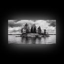 Lake Island, Pine Trees, Nature Panorama, Black and White Wilderness, Framed Canvas Print, Office Wall Art, Outdoor Inspired Decor