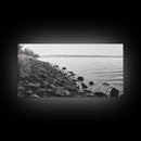 Shoreline Rocks, Quiet Water, Still Landscape, Coastal Photography, Canvas Print, Minimalist Office Art, Calm Nature Scene