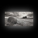 Barn Field, Hay Bale, Rural Farmland Scene, Autumn Countryside Art, Canvas Print, Farmhouse Wall Decor, Rustic Fall Living Room Art