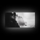 Foggy Cliff Coast, Ocean Pines Landscape, Moody Nature Art, Misty Seascape Scene, Framed Canvas Print, Living Room Wall Art, Fall Decor