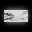 Snowy Cliff Reflection, Winter River Scene, Black and White Nature, Framed Canvas Print, Minimalist Wall Art, Neutral Winter Decor