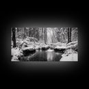 Winter Forest Creek, Snow Covered Trees, Black and White Tranquil Art, Canvas Print, Holiday Wall Art, Nature Lover Gift, Cozy Vibe