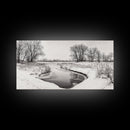 Frozen Stream Scene, Bare Trees Landscape, Black and White Nature Decor, Canvas Print, Winter Wall Art, Neutral Bedroom Accent