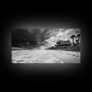 Stormy Beach House, Coastal Decor, Monochrome Photography, Beachfront Scene, Canvas Print, Moody Ocean Wall Art, Bedroom Coastal Wall Decor