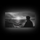 Man Watching Sea, Stormy Ocean View, Emotional Scene, Canvas Print, Moody Coastal Decor, Office Wall Art, Nautical Monochrome Style