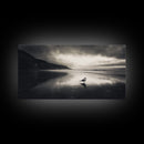 Seagull, Stormy Beach, Reflective Shore, Moody Sky, Framed Canvas Print, coastal bedroom decor, peaceful nature art, minimalist seascape