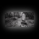Forest Trail, Stone Marker, Ancient Symbol, Misty Pathway, Framed Canvas Print, cabin decor, woodland art, Autumn wall print, rustic charm