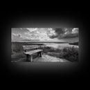 Lakeside Bench, Calm Waters, Sunset View, Canvas Print, Tranquil Nature Photography, Living Room Wall Art, Serene Outdoor Fall Landscape