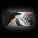 Shoreline Light, Coastal Waves, Cliff Shadow, Beach Edge, Framed Canvas Print, Ocean Minimalist Art, Bathroom Wall Decor