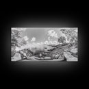 Rocky Cove, Tranquil Bay, Forest Edge, Panoramic Beach, Framed Canvas Print, Nature Art, Bathroom Wall Decor, Earthy Coastal View