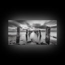 Ocean Pilings, Calm Waters, Cloud Streaks, Sunset Mood, Canvas Print, Minimalist Seascape, Bedroom Wall Art, Serene Beach Decor