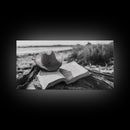 Open Book, Cowboy Hat, Driftwood Beach, Peaceful Shore, Canvas Print, Western Boho Art, Reading Nook Wall Decor, Fall Vibes, Office Wall Decor