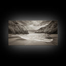 Secluded Beach Cove, Coastal Seascape, Sepia Landscape Art, Framed Canvas Print, Bathroom or Bedroom Wall Decor, Nature Inspired