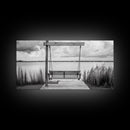 Rustic Lake Swing, Tranquil Nature Scene, Porch Art, Landscape Photography, Framed Canvas Print, Country Decor, Living Room Wall Art