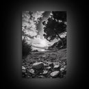 Sunset Beach View, Wide Angle Perspective, Nature Shoreline, Monochrome Landscape, Framed Canvas Print, Hallway Wall Art, Beach Decor
