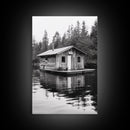 Floating Cabin, Lake House, Forest Reflection, Tranquil Waters, Framed Canvas Print, Bedroom Wall Art, Cabin Aesthetic, Rustic Nature Vibe