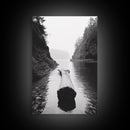 Driftwood Log, River Pass, Nature Silence, Misty Gorge, Framed Canvas Print, Office Wall Art, Modern Nature Decor, Moody Forest Style