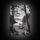 Woodland Cove Path, Tranquil Forest Scene, Nature Escape Art, Canvas Print, Cabin Wall Art, Coastal Boho Decor, Black White Landscape